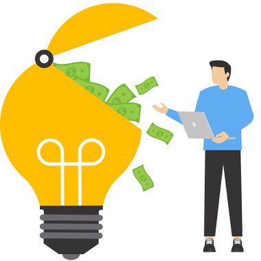 Fikirlere yatırım konsepti. Para bir ampul, vektör çizgi film illüstrasyonuna konur. Entellektüel fikir projesine para yatırımı konsepti.