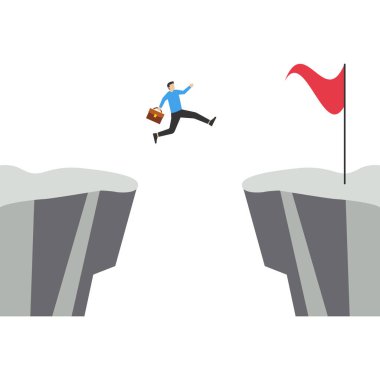 İş adamlarının koşması ve boşlukların üzerinden atlaması ile ilgili iş mücadelesi kavramı. Fırsat, başarı, hırs ve cesaret sembolü.