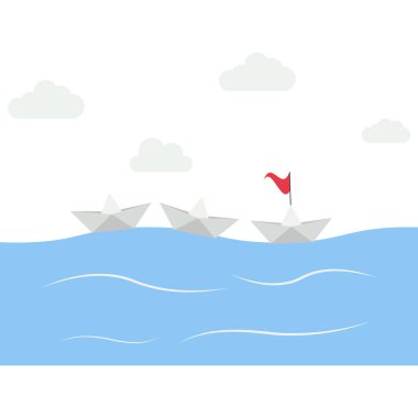 Lider gemi, düz stil vektör illüstrasyonunda takım konvoyuna önderlik ediyor.