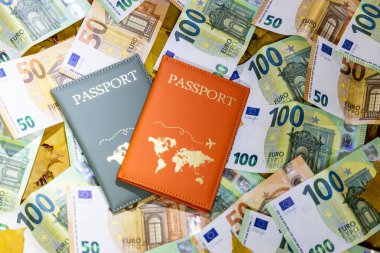 Pasaport ve Euro para banknotları birlikte. Para birimi detayları ve turizm, finans, küresel seyahat harcamaları, uluslararası ekonomi, dünya çapında maliyet seyahat kavramını temsil eden seyahat belgeleri