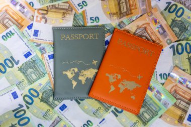 Pasaport ve Euro para banknotları birlikte. Para birimi detayları ve turizm, finans, küresel seyahat harcamaları, uluslararası ekonomi, dünya çapında maliyet seyahat kavramını temsil eden seyahat belgeleri