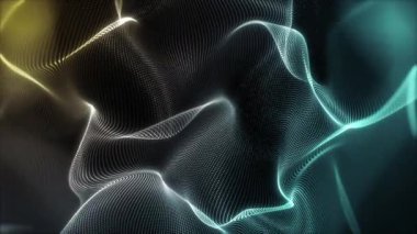 Parlayan dalgalar, akan noktalar, neon ışıklar ve dijital enerji hareketi dizaynlı soyut parçacık arkaplan animasyonu. Video projeleri, sunumlar, VJ döngüleri için kusursuz gelecek arkaplanı.