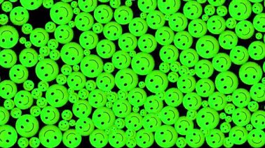 Gülümseyen emoji simgeleri şeffaf arkaplan üzerine düşen animasyon tekrarlanan mutlu yüzler ekranı dolduruyor, üst üste bindirmeler için döngü hareketi, canlı yayın, tanıtım videoları, sosyal medya ve eğlenceli projeler.