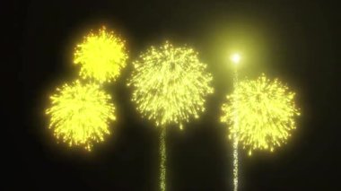 Şeffaf arkaplanda havai fişekler. Havai fişekler için animasyon arka planlar. Havai fişeklerin harika patlaması. Parlayan kirişler ve ateş parçacıkları ile şenlikli arka planın 4k animasyonu.