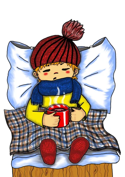 Мальчик болен гриппом. Ручной рисунок изолированных объектов на белом фоне Стоковая Картинка