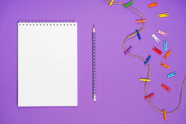 Mor zemin üzerinde mandallı kalem olan bir defter.