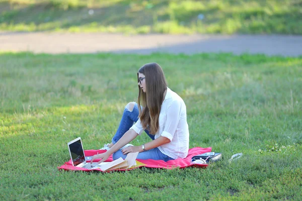 Giovane ragazza seduta sull'erba nel parco e lavora in un computer portatile . — Foto Stock