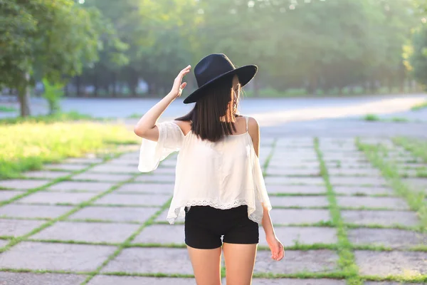 Wonderful female hat asian sunset cheerful emotions laughter — Stock Photo, Image