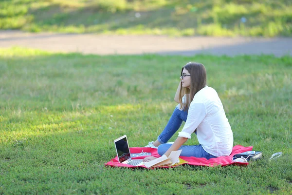 Jeune fille assise sur l'herbe dans le parc et travaille à un ordinateur portable . — Photo