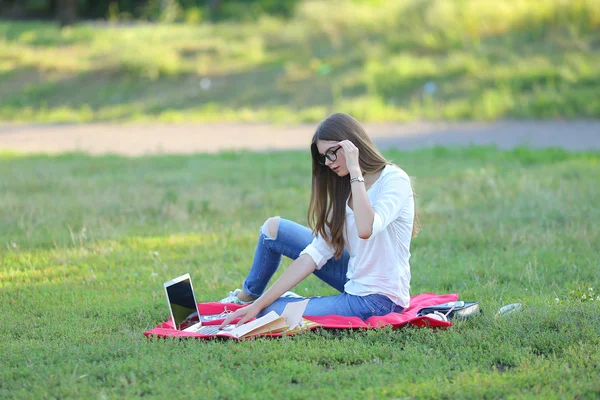 Молода дівчина сидить на траві в парку і працює в ноутбуці . — стокове фото