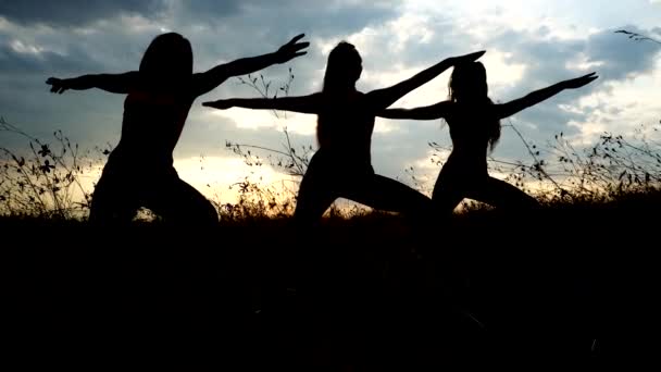 Silhouette tre flicka Yoga på bakgrunden av solnedgång himlen — Stockvideo