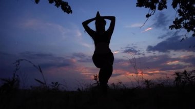 Siluet kız yapmak Yoga karşı pembe günbatımı gökyüzü ağaç poz