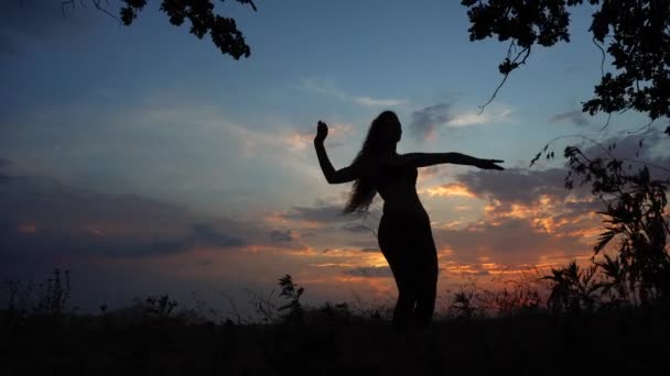 Silueta Chica Femenina Bailando Haciendo Yoga Fondo Rojo Atardecer Cielo — Vídeo de stock