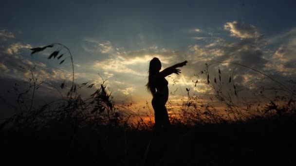 Silhouet van een meisje Yoga dansen van de achtergrond van het avondrood — Stockvideo