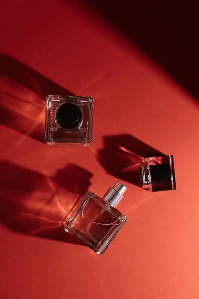Garrafa de perfume no fundo moderno neutro — Fotografia de Stock