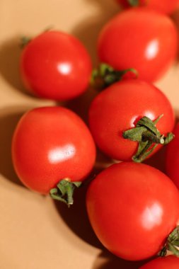 Lezzetli kırmızı domatesler. Yaz tepsisi tarım çiftliği organik sebzelerle dolu arka plan olarak kullanılabilir. seçici odak