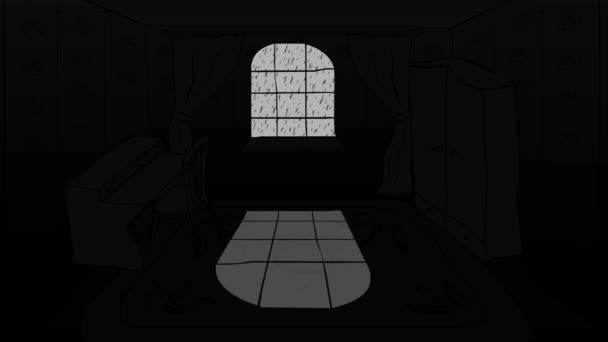 Habitación oscura con muebles y lluvia y truenos fuera de la animación en bucle de la ventana. Dibujos animados horror, fondo de Halloween . — Vídeos de Stock