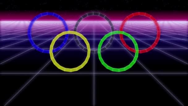 Anéis olímpicos synthwave fundo 3d render — Vídeo de Stock