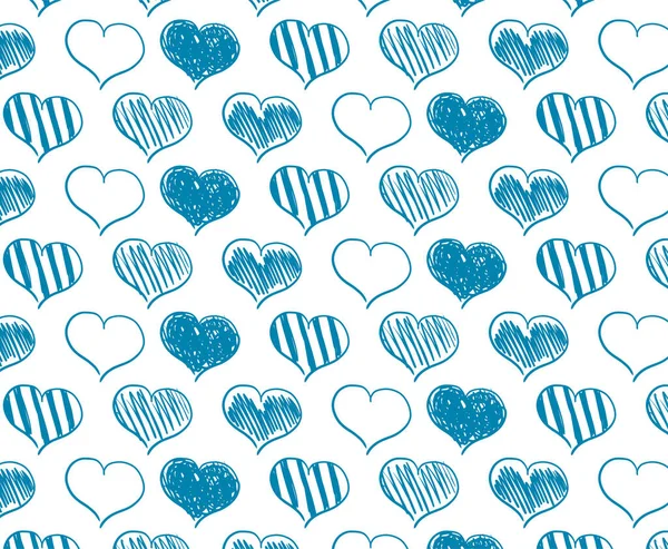 Vector Seamless Pattern Hand Drawn Blue Hearts — Stock Vector