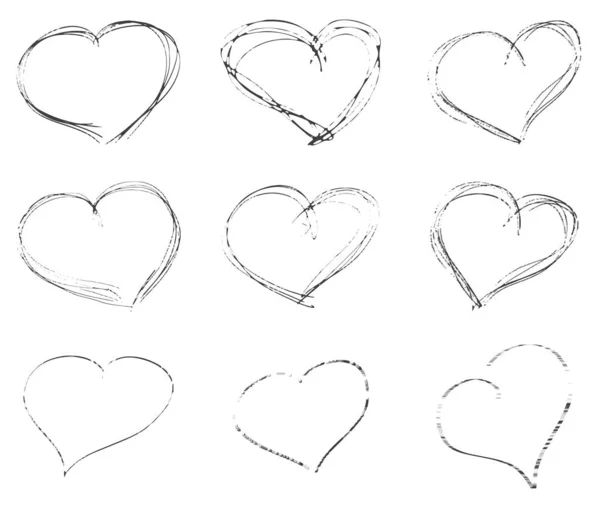 Különböző kézzel rajzolt szívek készlete a tervezéshez — Stock Vector