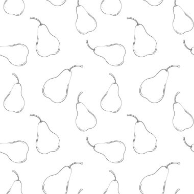 Vektör hattı armutsuz desen. Tek renkli siyah beyaz arkaplan meyveleri
