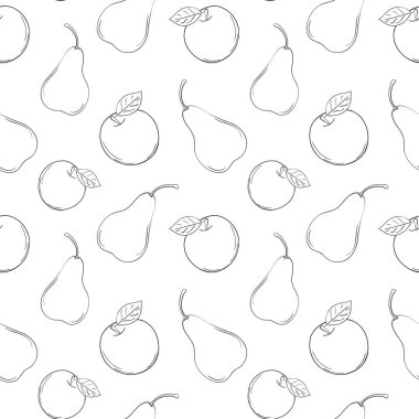 Vektör hattı elması ve armutsuz desen. Siyah beyaz arka plan meyveleri