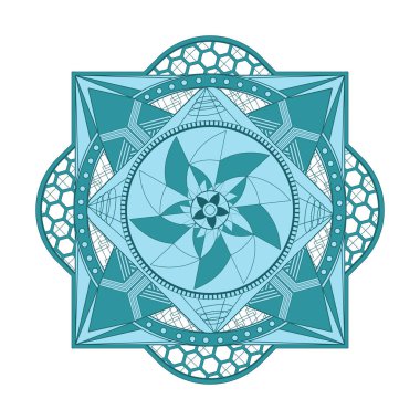 Mandala vektörü. Simetrik yuvarlak mavi tek renkli bir süs. Etnik çizim