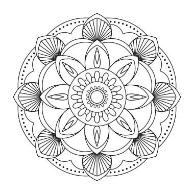 Mandala çizgi vektörü. Simetrik yuvarlak tek renkli bir süs. Renkler
