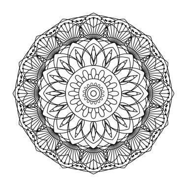 Mandala çizgi vektörü. Simetrik yuvarlak tek renkli bir süs. Renkler
