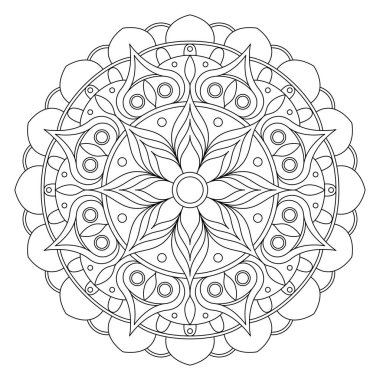 Mandala çizgi vektörü. Simetrik yuvarlak tek renkli bir süs. Renkler