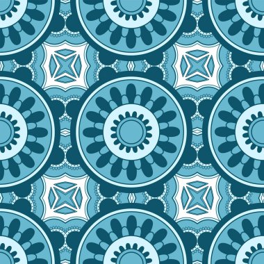 Etnik sıkı vektör modeli. Mavi eşkenar dörtgen ve mandalalar. Kumaş, kapak, duvar kağıdı, döşeme tasarımında kullanılabilir.