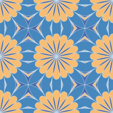 Etnik sıkı vektör modeli. Mavi ve turuncu geometrik çiçek mandalaları. Kumaş, kapak, duvar kağıdı, döşeme tasarımında kullanılabilir.