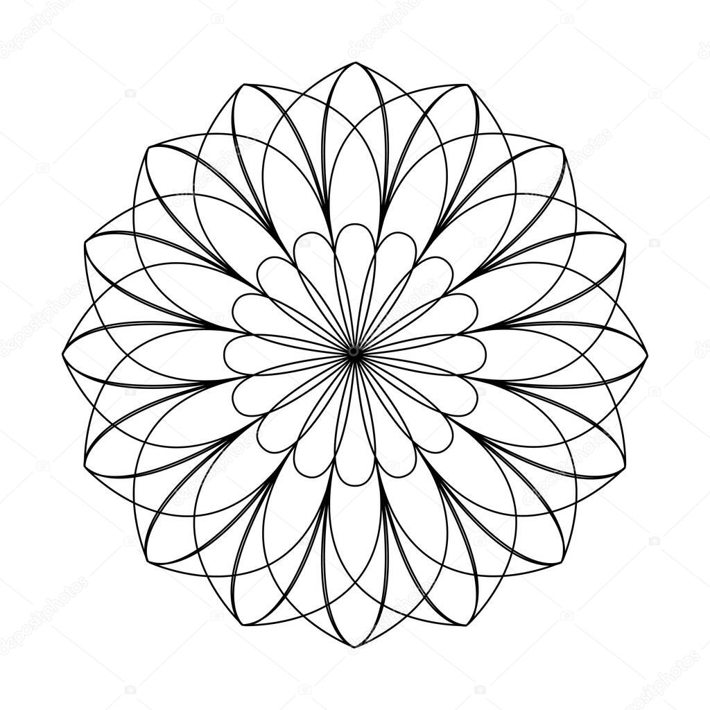 Mandala line vector. A symmetrical round monochrome ornament. Coloring abstract flower.
