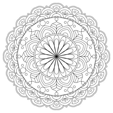 Mandala çizgi vektörü. Simetrik yuvarlak tek renkli bir süs. Renkler