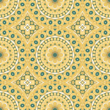 Etnik sıkı vektör modeli. Sarı eşkenar dörtgen ve mandalalar. Kumaş, kapak, duvar kağıdı, döşeme tasarımında kullanılabilir.