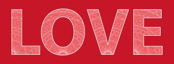 Vektor Dekoratív Zentagle Felirat Szeretet Piros Háttér Szövőcérna Valentin Nap — Stock Vector