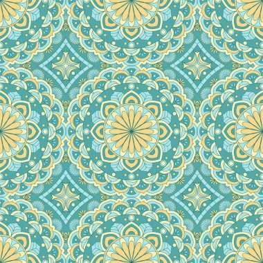 Etnik, kusursuz vektör deseni. Yeşil ve sarı geometrik çiçek. Kumaş, kapak, duvar kağıdı, döşeme tasarımında kullanılabilir.