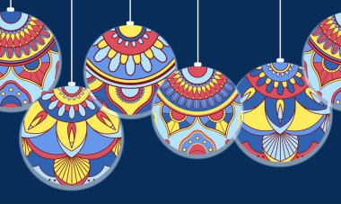 Renkli Noel oyuncakları, balonlar. Yeni yıl süslemeleri. Şenlik arka planı. Tebrik etmek için bir şablon, kartpostallar.