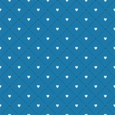 Vektör kusursuz desen. Kalplerin şebekesi. Mavi arkaplanda ışık sembolleri. Paket tasarımı, tekstil, baskı için sevimli bir arkaplan.