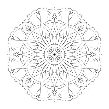 Mandala çerçeve çizgisi vektörü. Simetrik tek renkli yuvarlak bir süs..