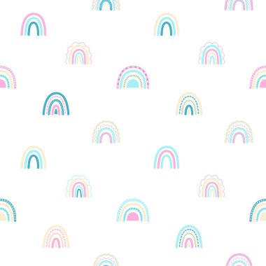 Şirin gökkuşakları olan kusursuz bebek deseni. Kumaş, tekstil ve bebek duvar kağıtları için yaratıcı bir arka plan. Tepelerin soyut manzarası. Beyaz arkaplandaki hassas tonlar