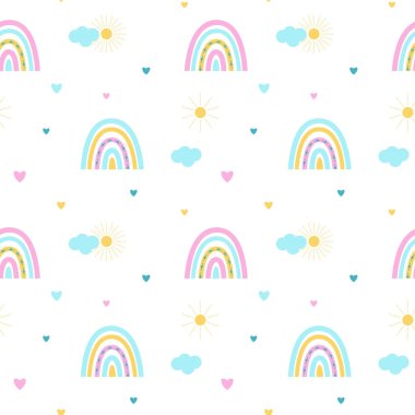 Şirin gökkuşakları olan kusursuz bebek deseni. Kumaş, tekstil ve bebek duvar kağıtları için yaratıcı bir arka plan. Tepelerin soyut manzarası. Beyaz arkaplandaki hassas tonlar