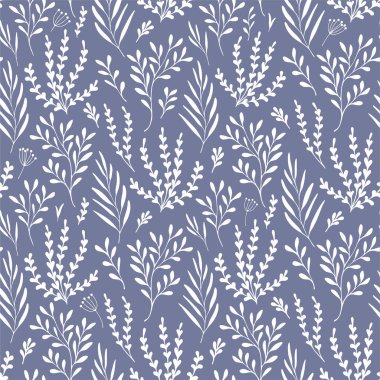 Vektörsüz çiçek deseni. Mor arka planda hafif bitkiler. Tatlı çocuk baskısı.