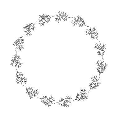 Elle çizilmiş vektör doğa çerçevesi. Düğün ve kutlama için yaprakları olan bir çiçek çerçevesi. Tasarım için dekoratif elementler. izole edilmiş.
