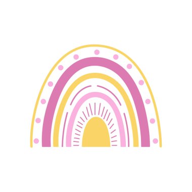 Vektör çocuğun gökkuşağı çizimi. Şirin boho illüstrasyonu. Bebek partisi tasarımı, bebek kıyafetleri baskısı, kartpostal. İskandinav minimalizmi. Pastel tonu