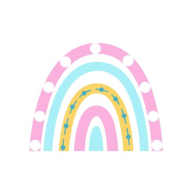 Vektör çocuğun gökkuşağı çizimi. Şirin boho illüstrasyonu. Bebek partisi tasarımı, bebek kıyafetleri baskısı, kartpostal. İskandinav minimalizmi. Pastel tonu