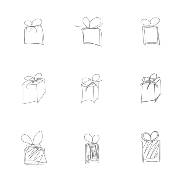 Eine Reihe handgezeichneter Geschenke. Linienzeichnung. Designelemente. — Stockvektor