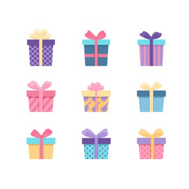 Kurdeleli renkli hediye kutuları. Elle çizilmiş karalama koleksiyonu beyaza izole edilmiş. Doğum günün kutlu olsun Noel için güzel bir paket..