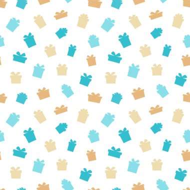 Renkli hediye kutularının kusursuz deseni ve kurdelesi. Beyaza elle çizilmiş karalama. Doğum günü ve Noel için güzel bir paket..