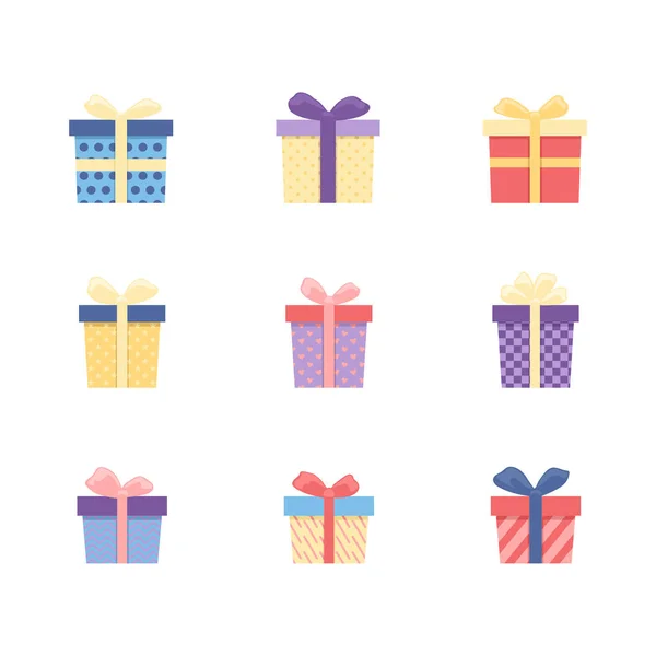 一套有彩带的彩色礼品盒 手工绘制的涂鸦集合被隔离在白色上 祝你生日快乐 圣诞佳节佳肴 — 图库矢量图片